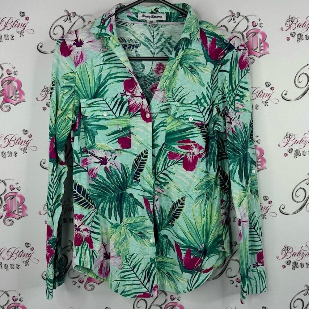 Tommy Bahama Green and Pink Leaf Print Button-Down Shirt tropical floral flowers